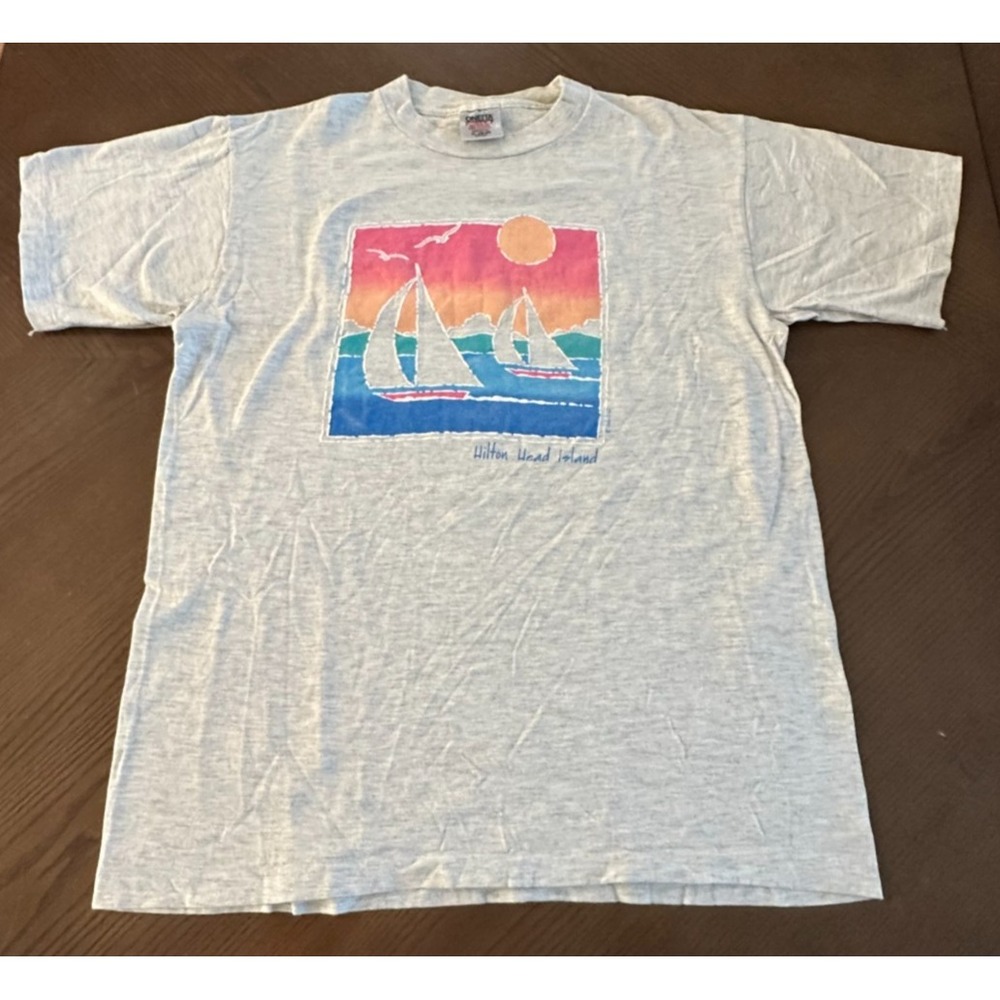 90's Hilton Head Island Sailboat Ocean Sunset Single Stitch T-Shirt Size XL USA‎
